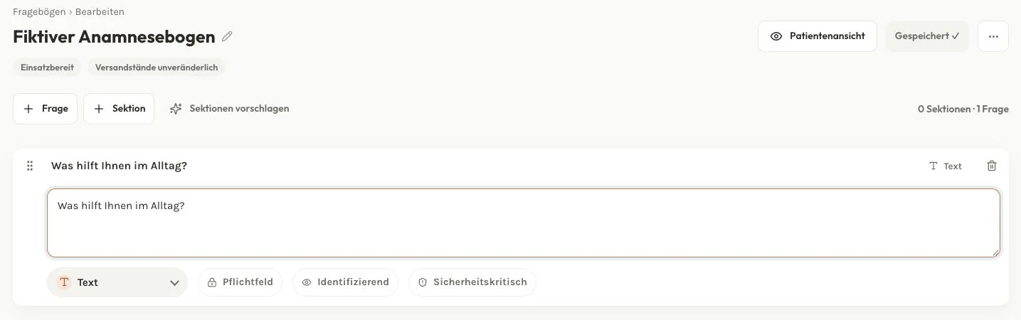 Fiktiver Anamnesebogen im Lina-Editor mit der Frage: Was hilft Ihnen im Alltag?