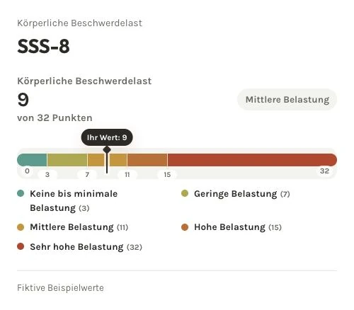Fiktive SSS-8-Auswertung: 9 von 32 Punkten, mittlere Belastung; farbige Intervalle von keiner bis sehr hoher Belastung.