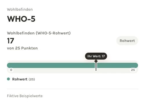 Fiktive WHO-5-Auswertung: Rohwert 17 von 25 Punkten auf der Skala des Wohlbefindens.