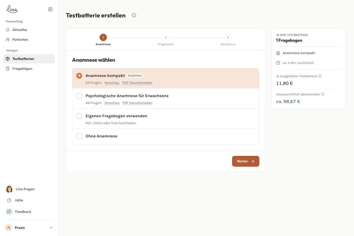 Die lina-App beim Zusammenstellen einer neuen Testbatterie