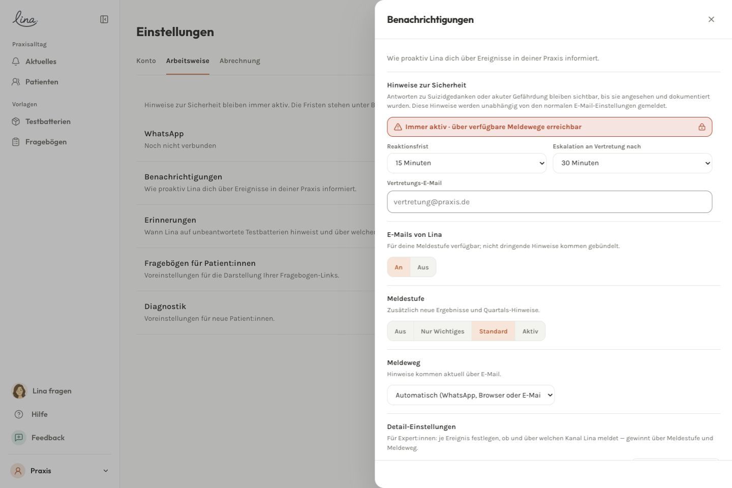 Benachrichtigungen, Meldestufe und Erinnerungen im Bereich Arbeitsweise