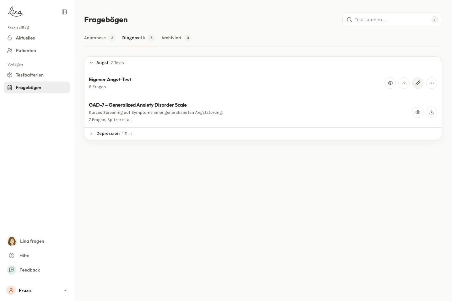 Diagnostischer Testkatalog mit Suche und Kategorien