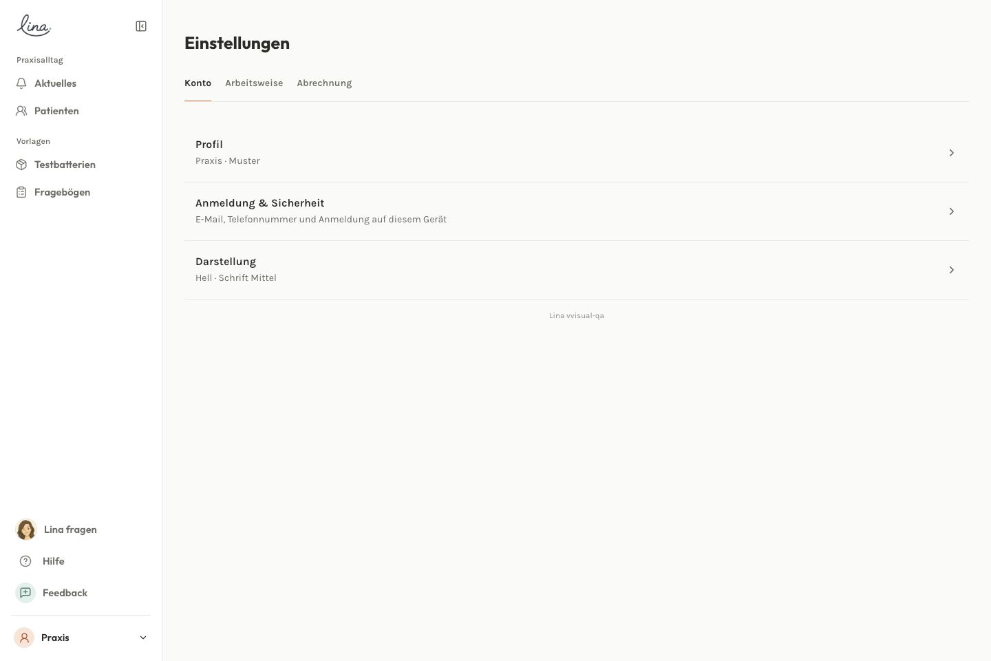 Der Kontobereich der Einstellungen mit den drei Hauptbereichen