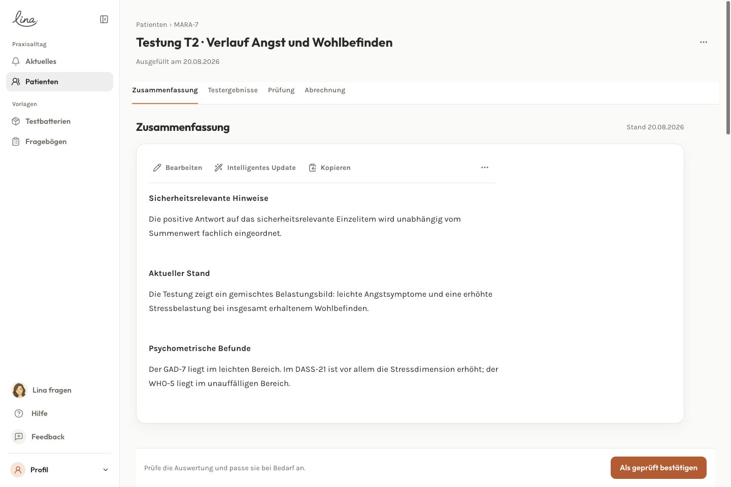 Prüfvorgang einer Testung mit Ergebnissen in der Beispielakte