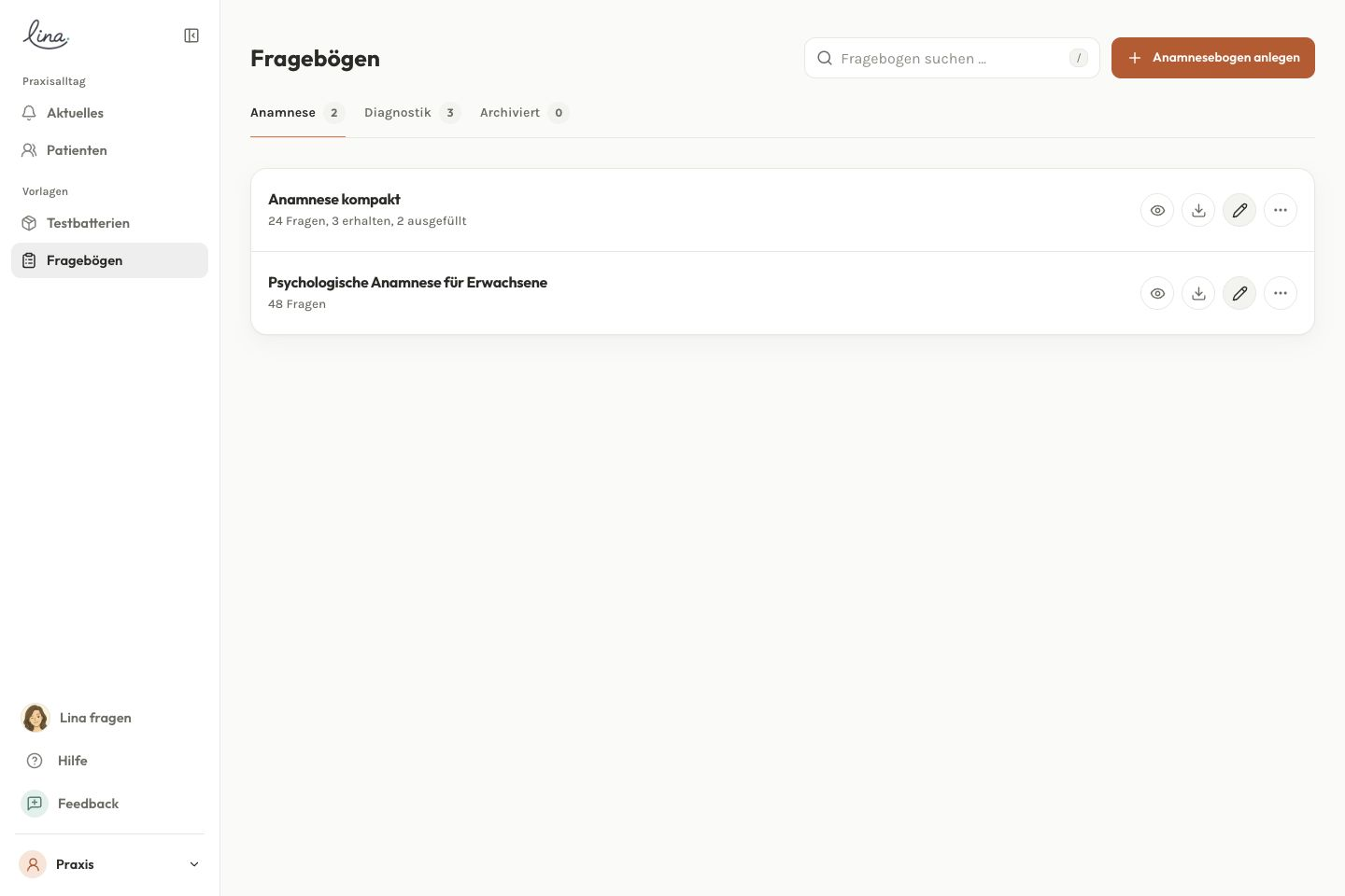 Die Fragebogen-Übersicht mit Anamnese-Reiter und der Aktion Anamnesebogen anlegen