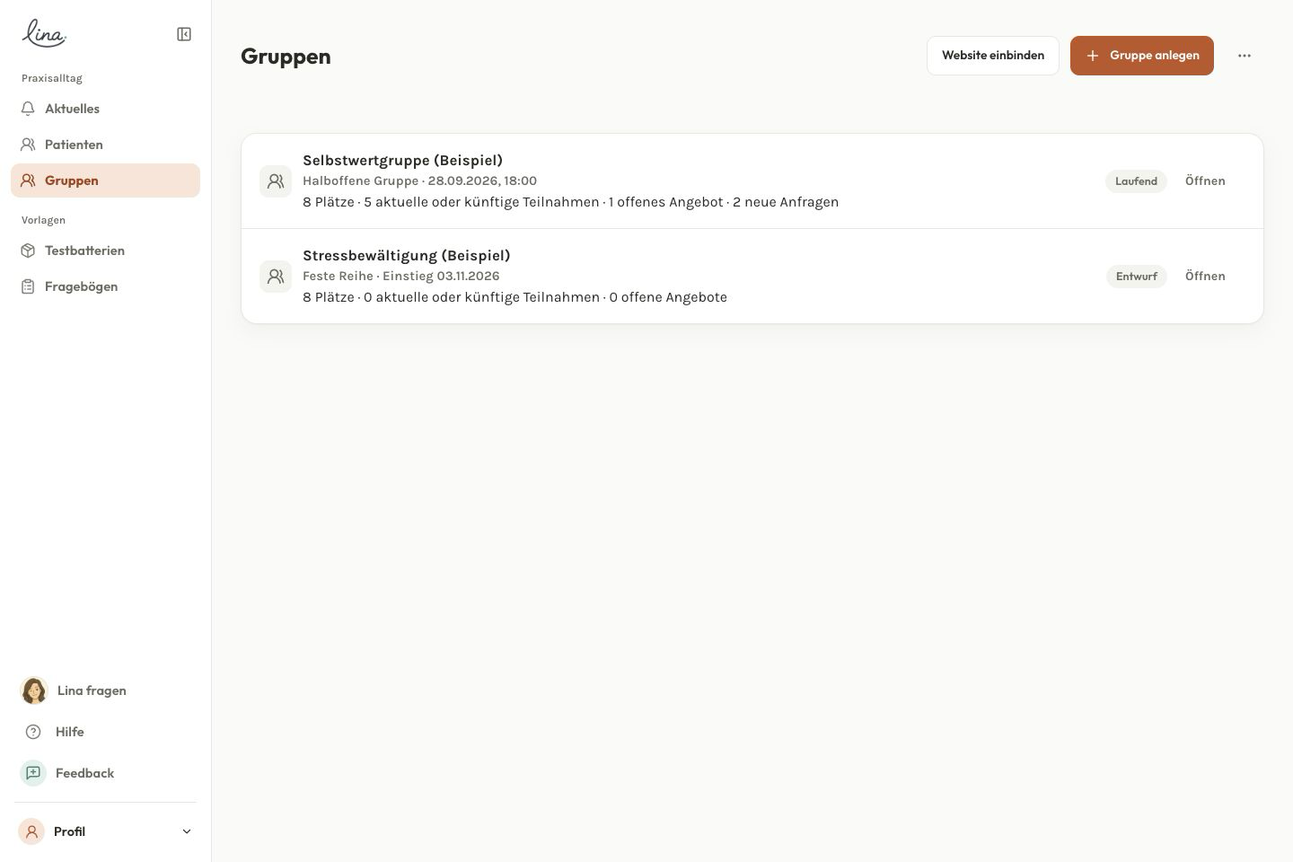 Gruppenübersicht mit zwei beispielhaften Gruppen und ihren Belegungsständen