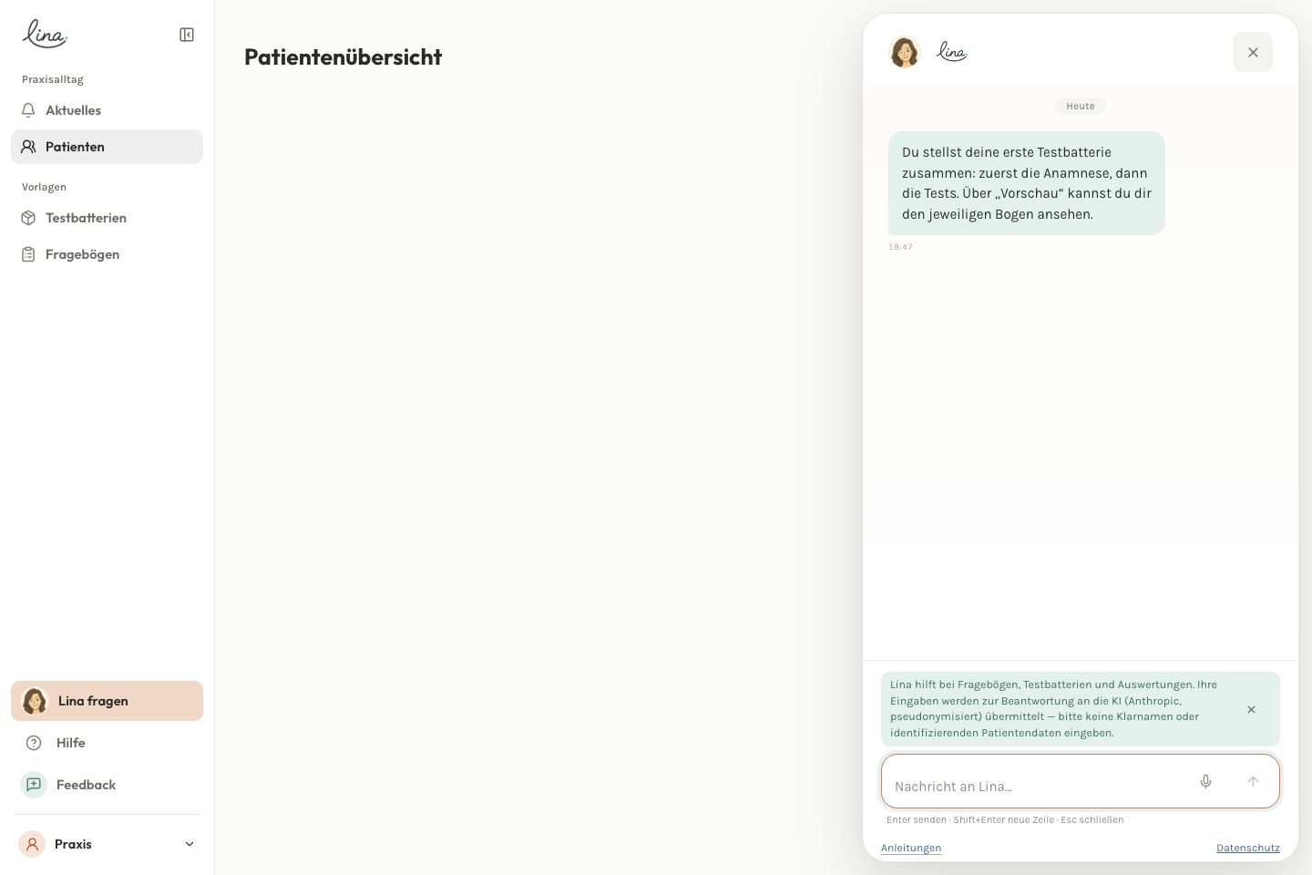 Das geöffnete Lina-Fenster in der App