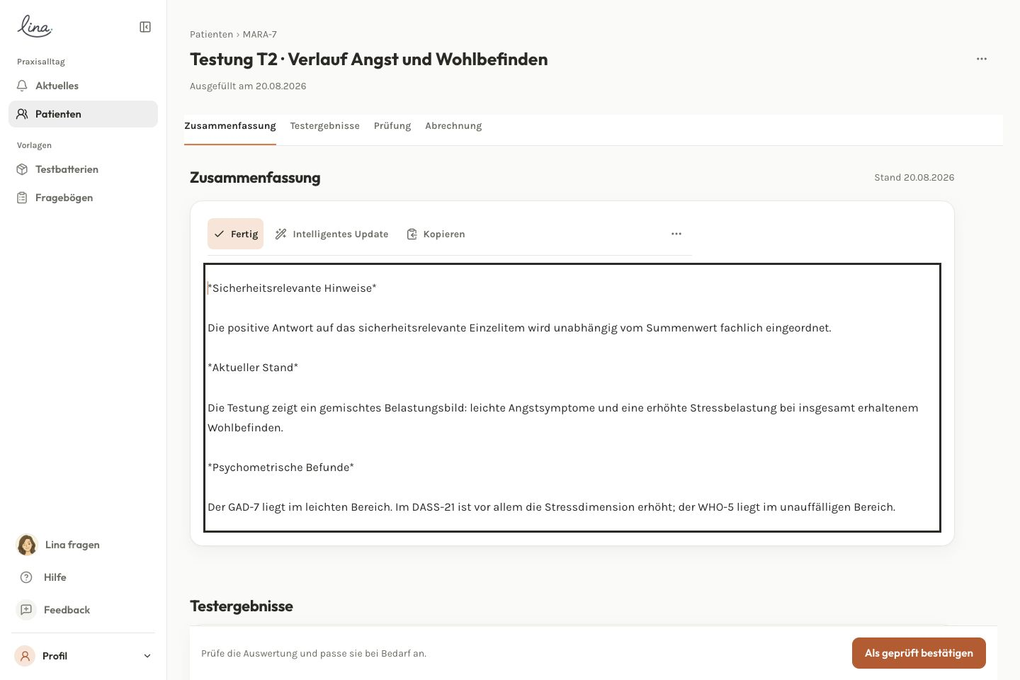 Bearbeitbarer Dokumentationstext einer Testung in der Beispielakte