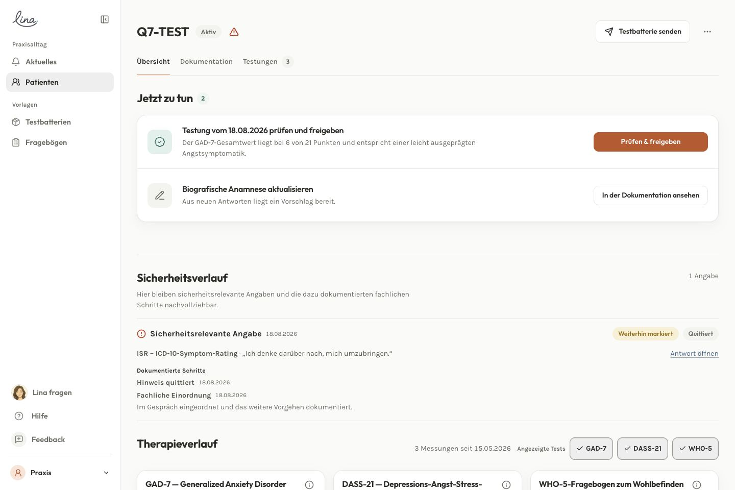 Die Patientenakte mit offenen Aufgaben und Therapieverlauf in der Übersicht