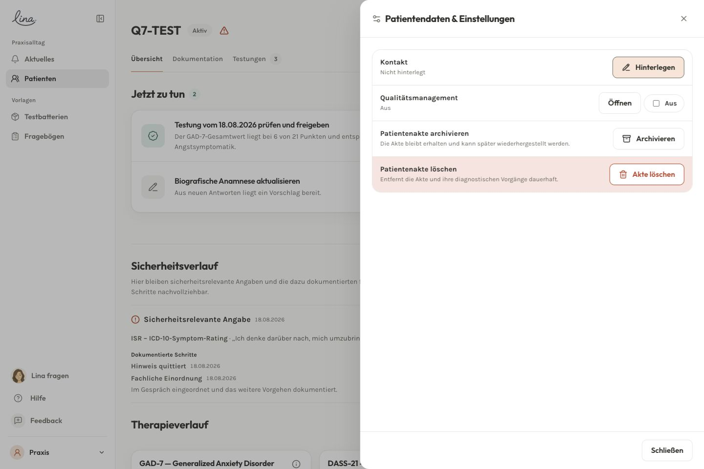 Der Einstieg zum Qualitätsmanagement in den Patienteneinstellungen