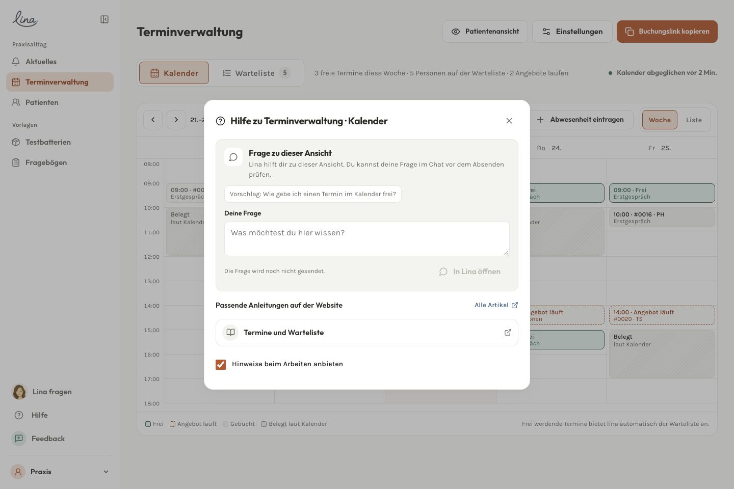 Die kontextbezogene In-App-Hilfe zur Terminverwaltung mit passendem Artikel und dem Einstieg zu Lina