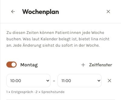Wochenplan mit einer Stunde am Montag für Erstgespräch und Pause
