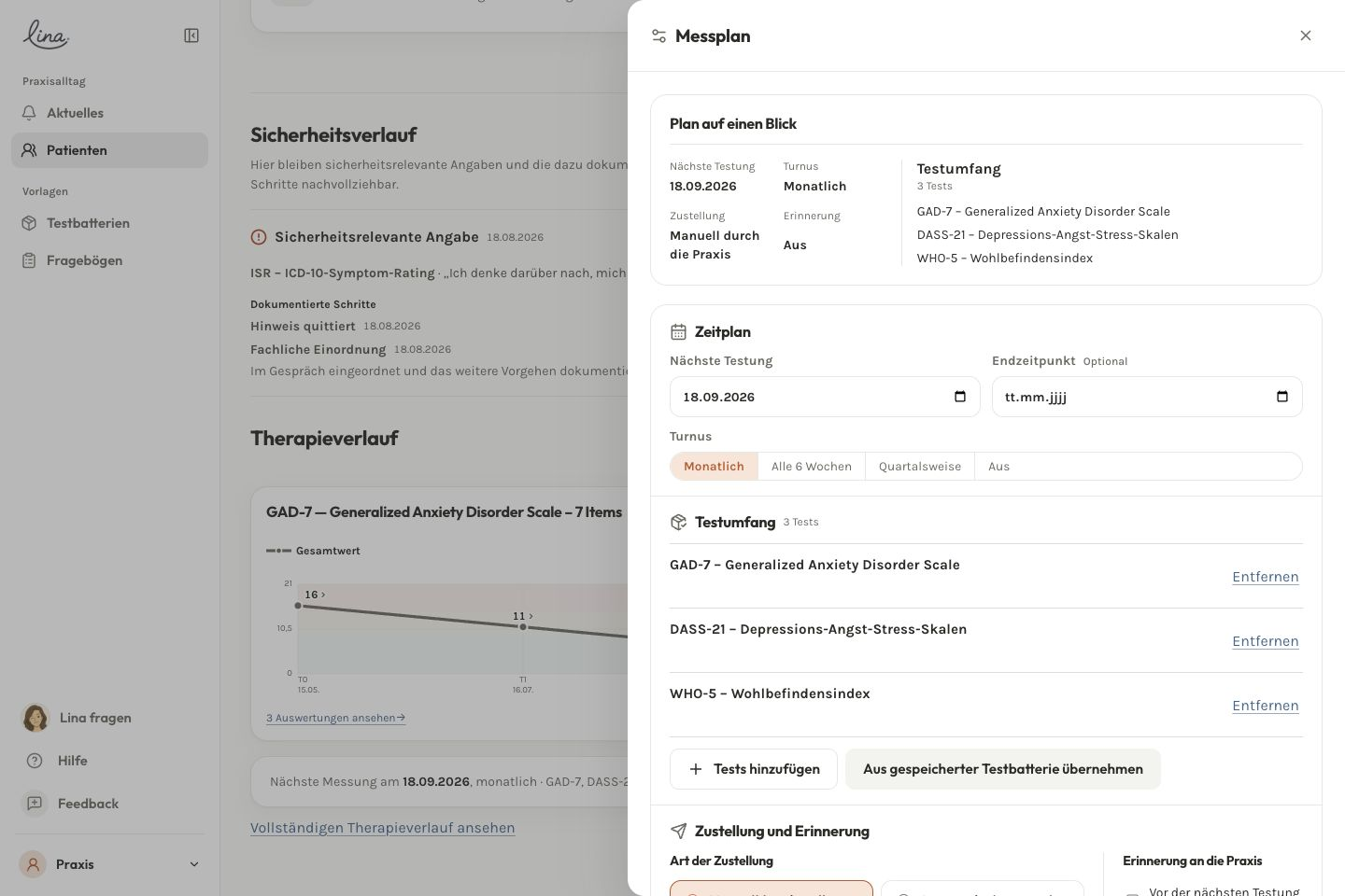 Messplan mit Instrumenten, Turnus und nächstem Messzeitpunkt in einer Beispielakte