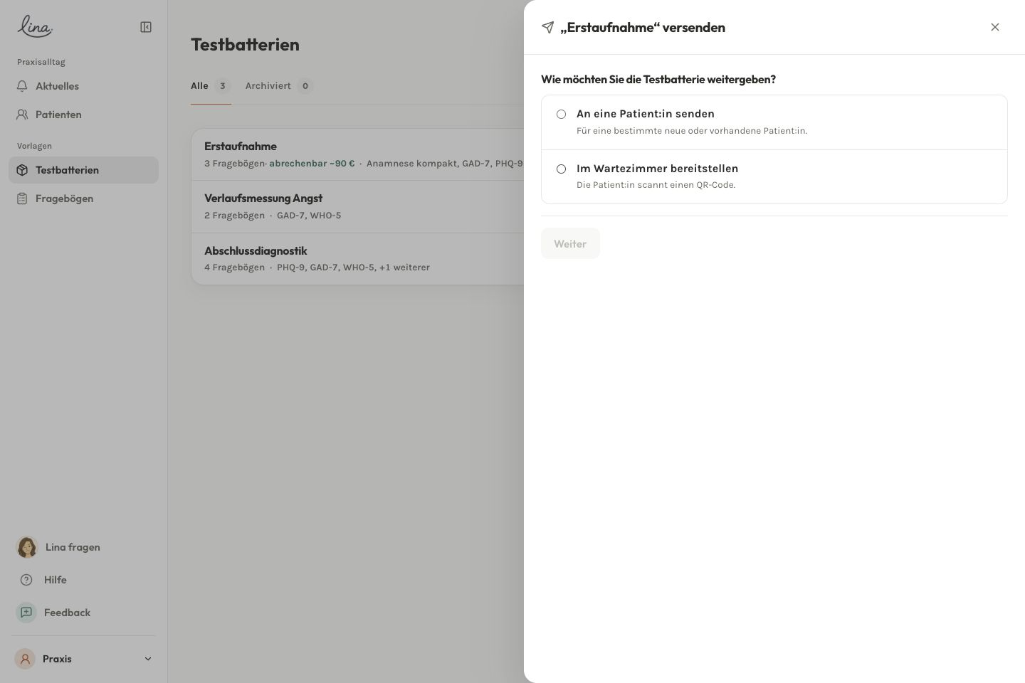 Der Versanddialog mit persönlicher Weitergabe und Wartezimmer-QR